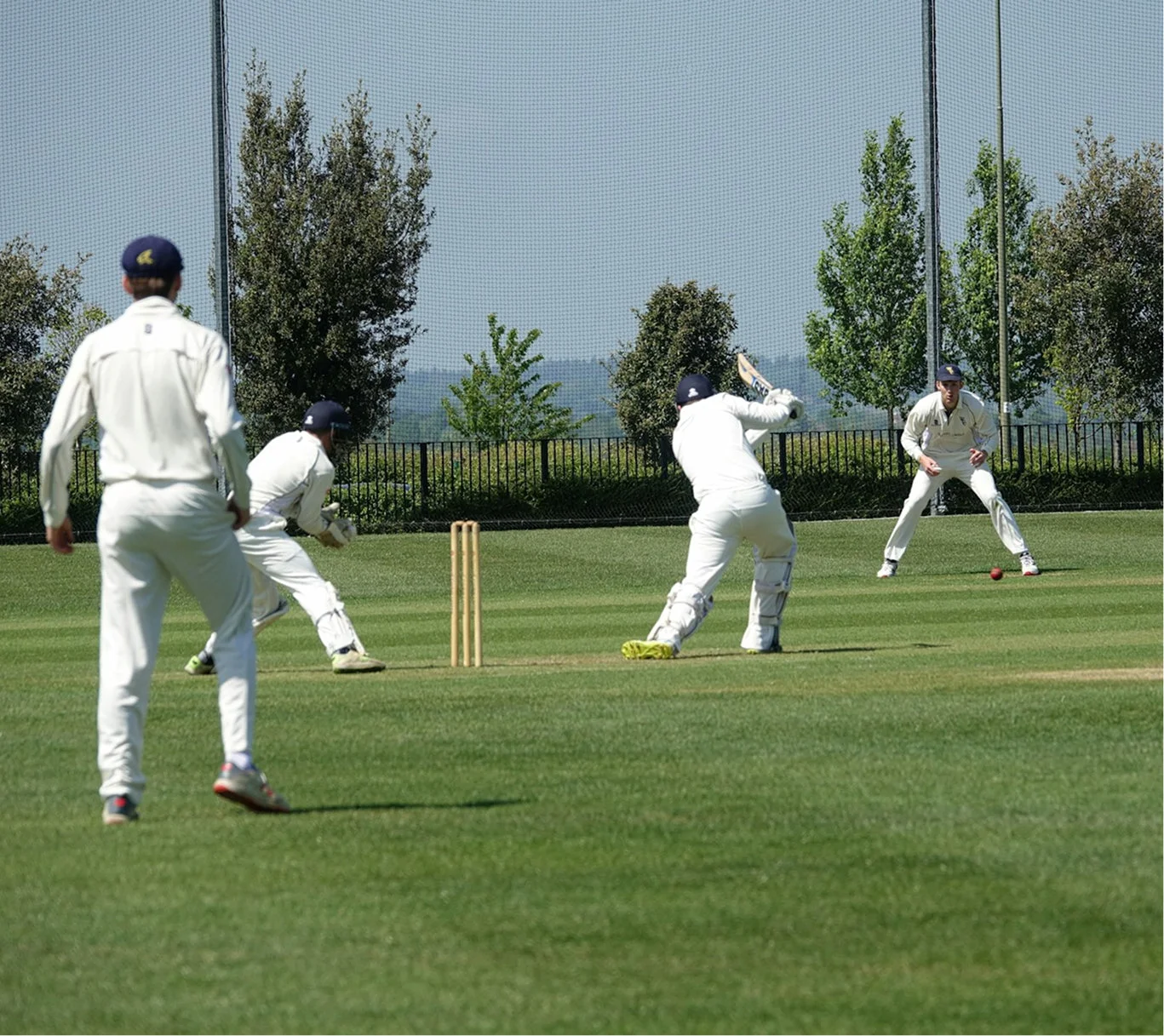 Cricket players in whites batting and fielding on a grass pitch