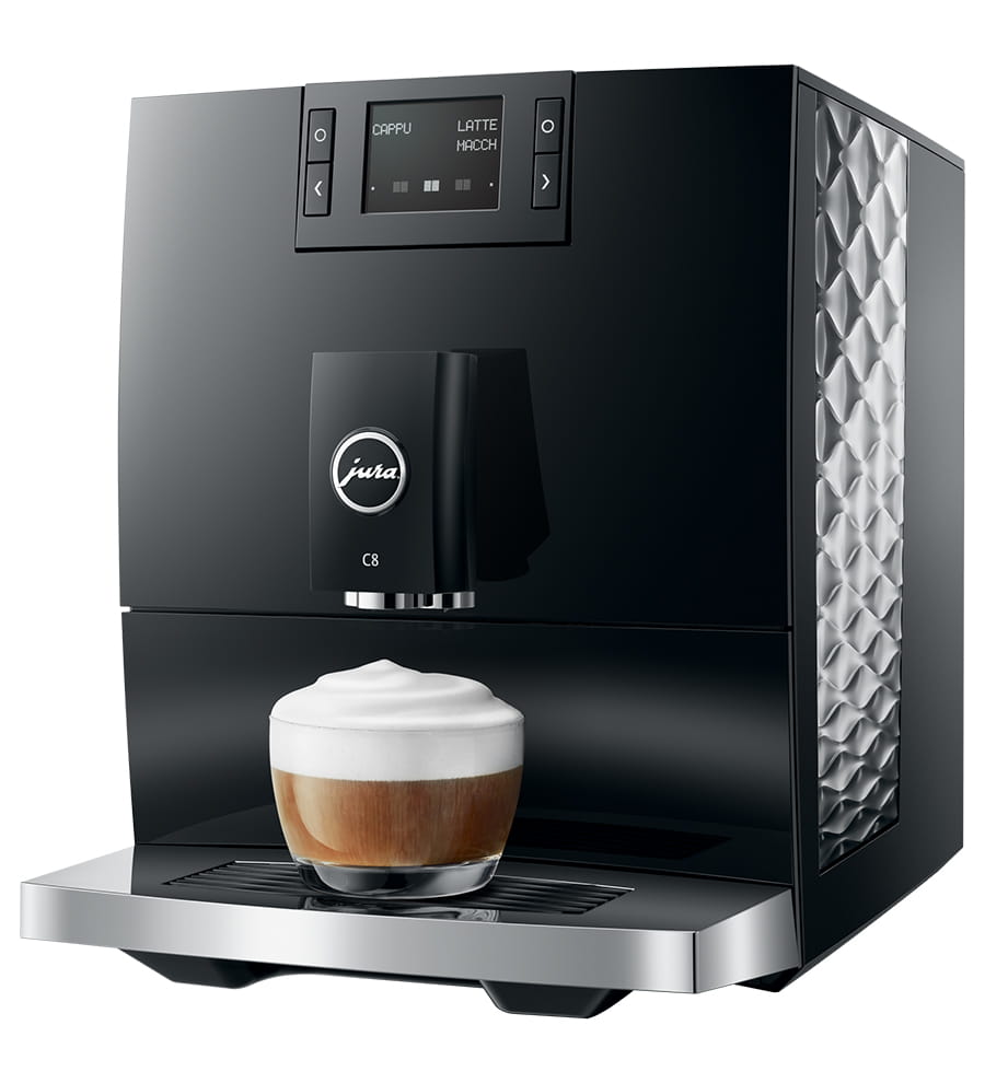 Black Jura C8 automatic coffee machine with a cappuccino