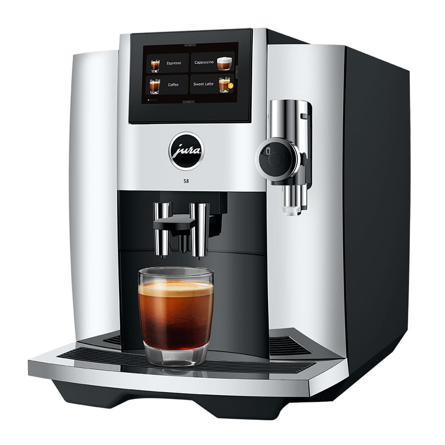 Silver Jura S8 automatic coffee machine with a cup of coffee